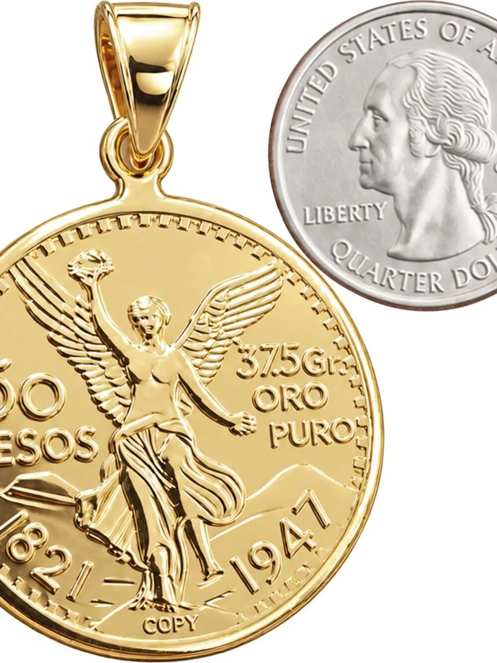 14k Yellow Gold Plated AAACubic Zirconia Mexican Centenario 50 Peso Coin Pendant